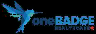 oneBadge Healthcare logo featuring a blue hummingbird in flight with company text and red star